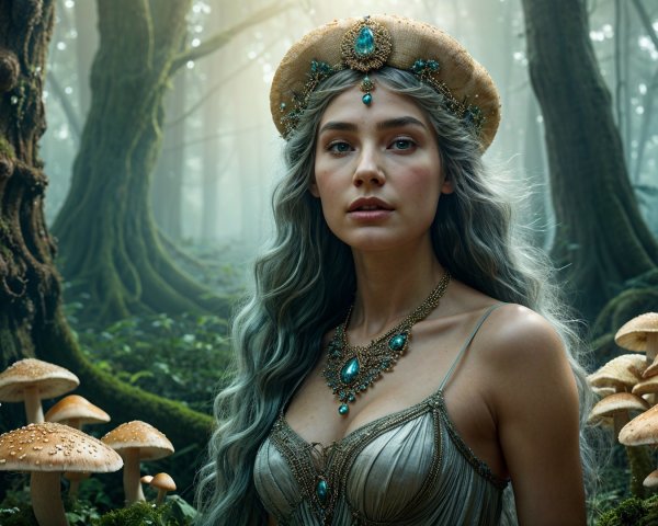Mystical forest scene with a silver-haired woman