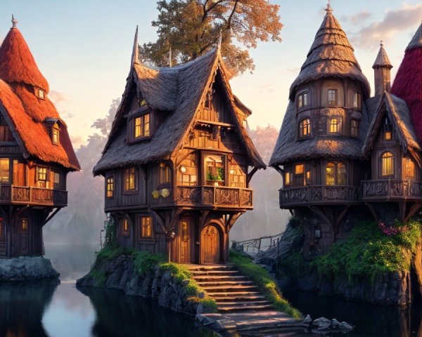Whimsical Fairy Tale Houses by a Serene Lake