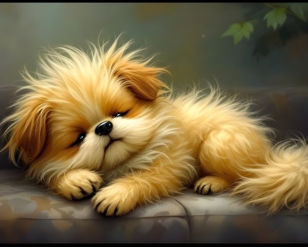 Fluffy Golden Puppy Relaxing on a Soft Couch