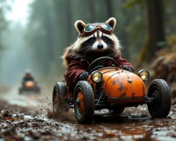 Raccoons in vintage go-karts racing through a forest