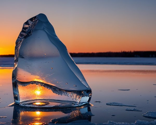 Ice Formation Against Sunset Over Reflective Landscape