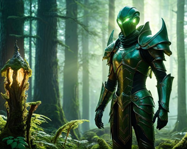 Mysterious Figure in Lush Forest with Green Armor