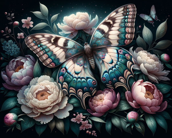 Vibrant Butterfly Among Blooming Peonies in Dark Setting