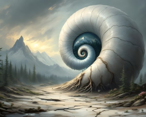 Giant nautilus shell in serene landscape with mountains