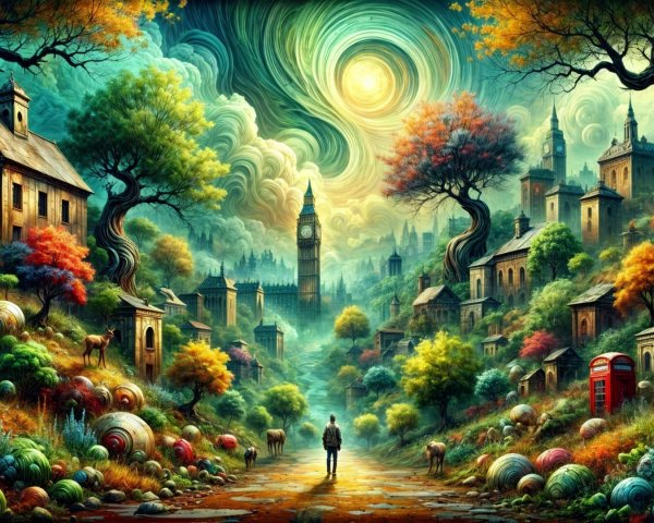 Surreal Landscape with Whimsical Houses and Creatures