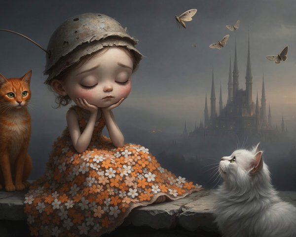 Detailed digital painting of whimsical girl and cats