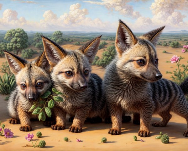 Fluffy fox pups play in a vibrant desert landscape