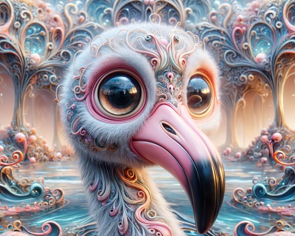 Fantastical bird with vibrant features in dreamlike landscape