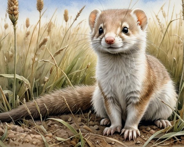 Weasel in Tall Grass Under Clear Blue Sky