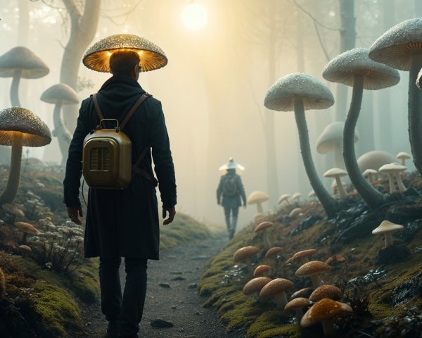 Foggy Forest Path with Oversized Mushrooms and Figures