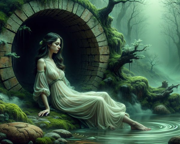 Young Woman in White Dress by Tranquil Water Pool