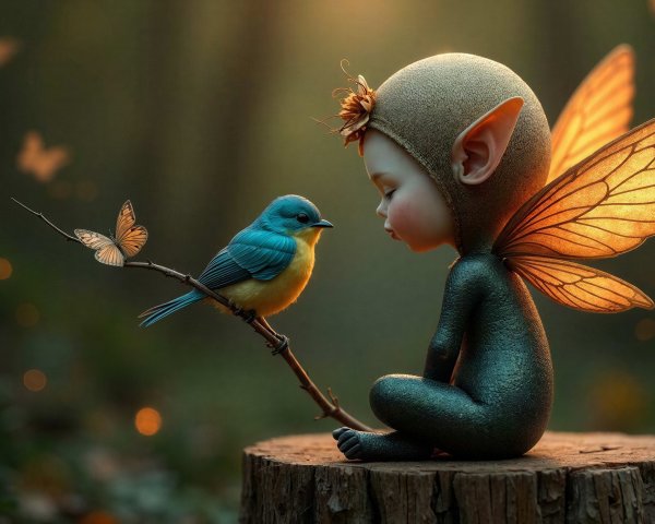 Detailed Fairy on Tree Stump in Dark Forest Setting