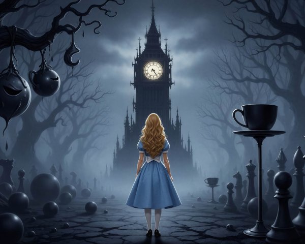 Nighttime Fantasy Forest with Gothic Clock Tower and Chess Pieces