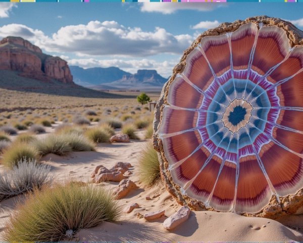 Polished log cross-section with vibrant rings in desert