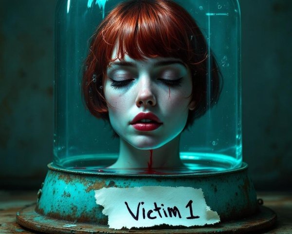 Stylized Head in Glass Jar with Water and Bloodstain