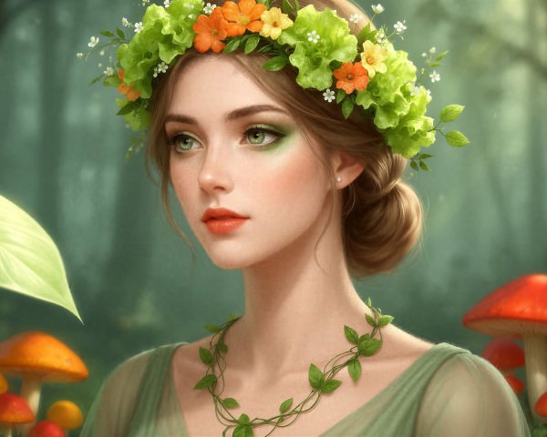 Digital Painting of Woman in Green Dress in Forest