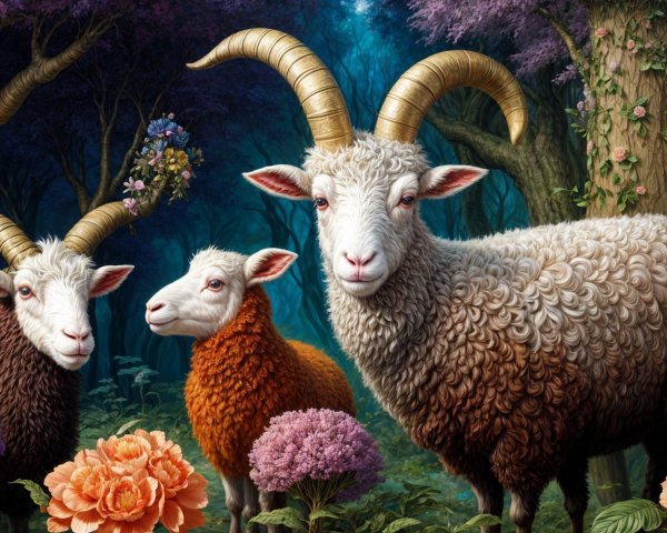 Horned Sheep in a Whimsical Forest Setting