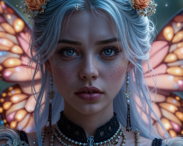 Ethereal Woman with Butterfly Wings and Flowers