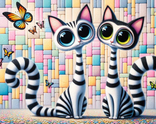 Whimsical Cats with Expressive Eyes and Butterflies
