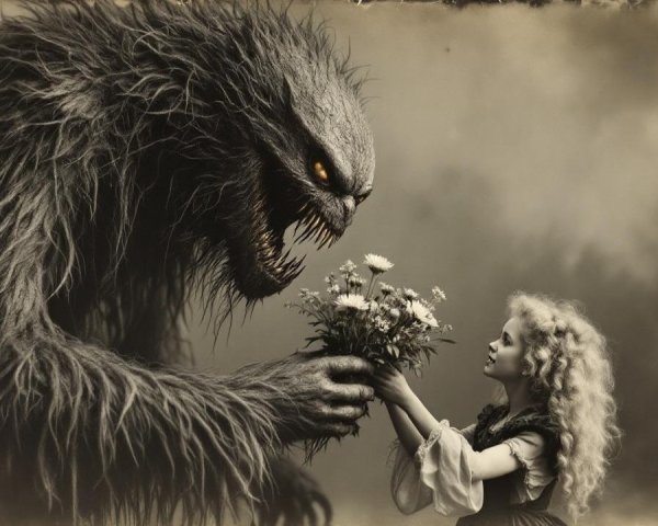 Surreal Scene of Creature and Girl with Flowers