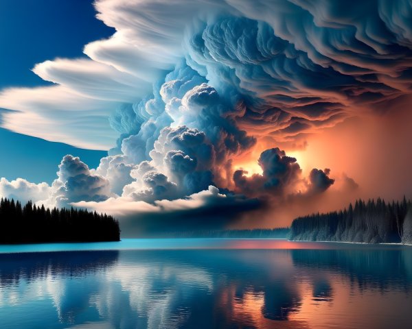 Serene Lake Landscape with Dramatic Sunset Reflections