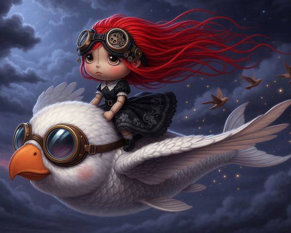 Steampunk Chibi Doll on Giant Bird in Night Sky
