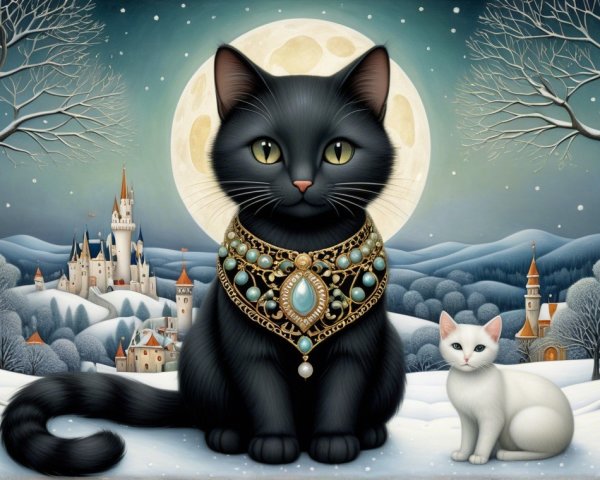 Black Cat with Necklace in Snowy Castle Landscape