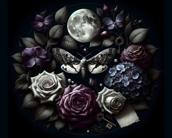 Large Moth Surrounded by Flowers and Vintage Elements