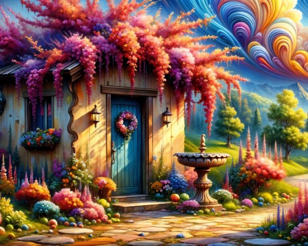 Whimsical Cottage Surrounded by Colorful Flowers