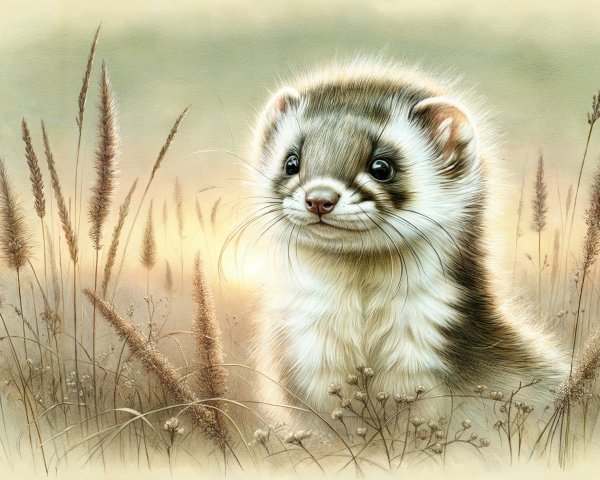 Illustration of a young ferret in tall grasses