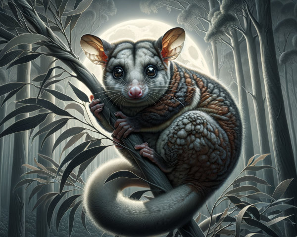 Nocturnal Forest Scene with Fluffy Possum on Branch