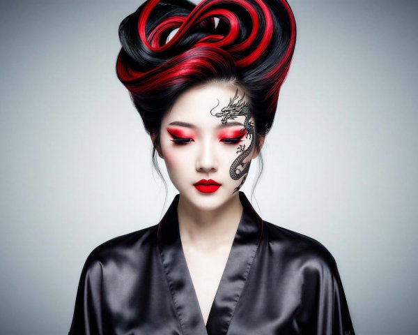 Young Chinese woman with bold makeup and dragon tattoo