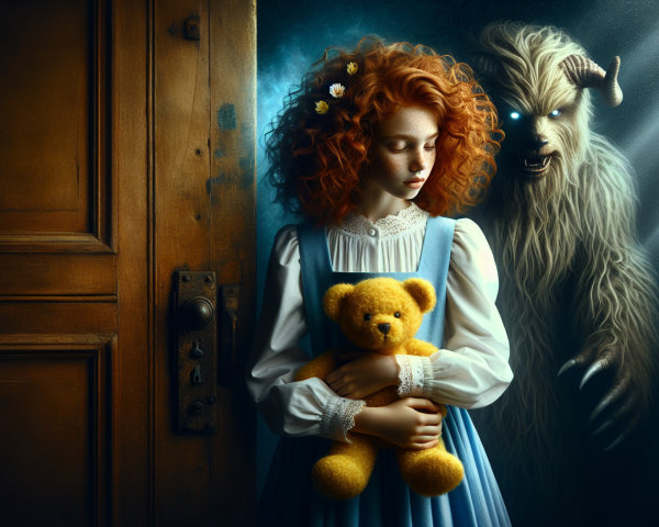 Digital painting of a girl and a monster in a room