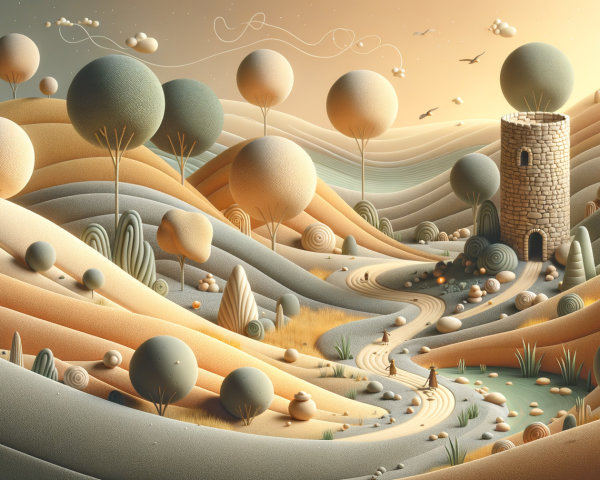 Whimsical Landscape with Pastel Hills and River