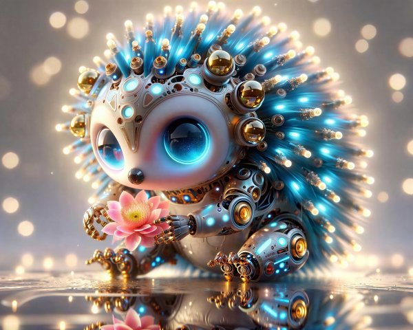 Robotic Baby Hedgehog with Blue Eyes and Flower