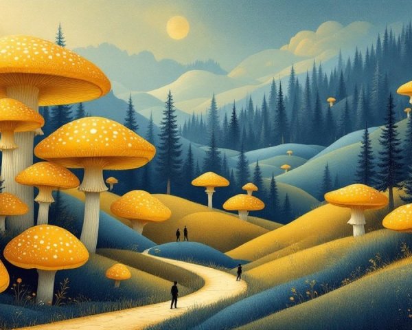 Whimsical Landscape with Orange Mushrooms and Hills