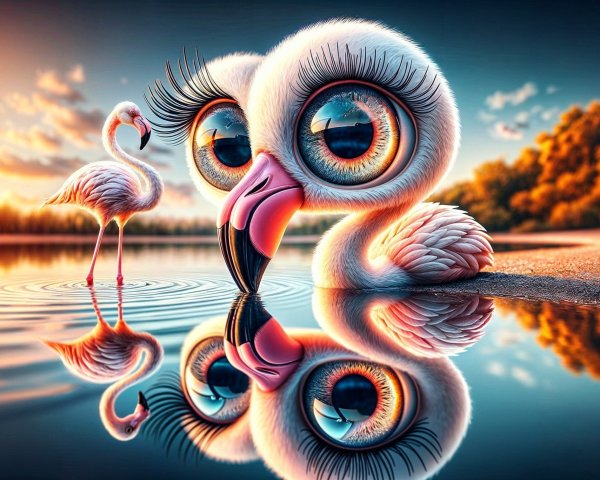 Cartoon Flamingo Scene at a Serene Lake Sunset