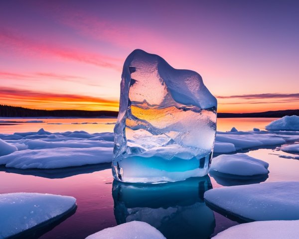 Ice Formation Reflecting Sunset Colors on a Lake