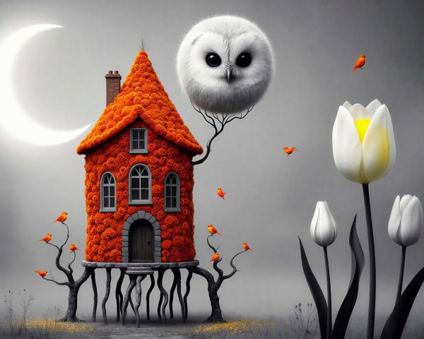Whimsical House with Orange Blossoms and Owl Detail