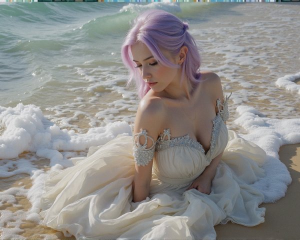 Young woman with purple hair on a sandy beach
