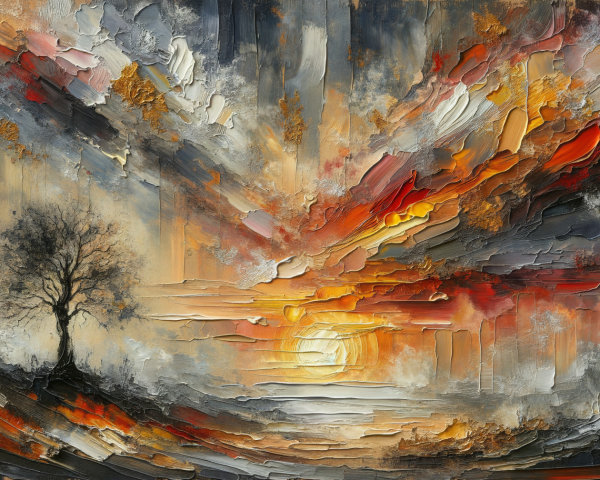 Impasto Oil Painting of Tree Silhouetted at Sunset