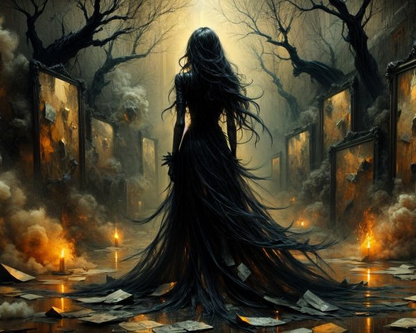 Misty Hall with Figure in Black Gown and Shadows