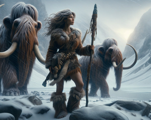Fierce Woman with Spear and Woolly Mammoths in Snowy Landscape
