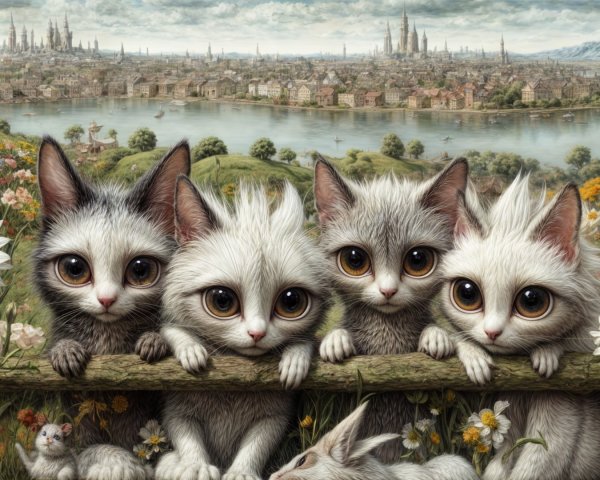 Kittens Peeking Over Fence in Scenic City Landscape