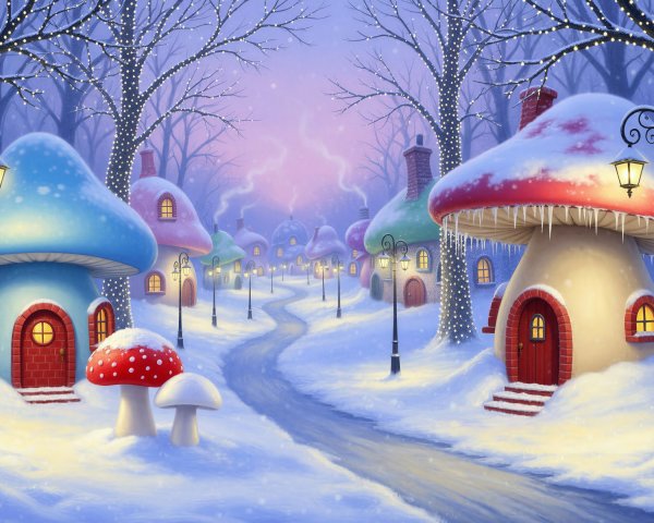 Snowy Village with Whimsical Mushroom Houses at Twilight