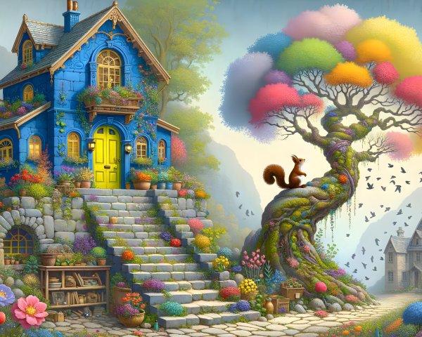 Whimsical Blue Cottage Surrounded by Colorful Flowers