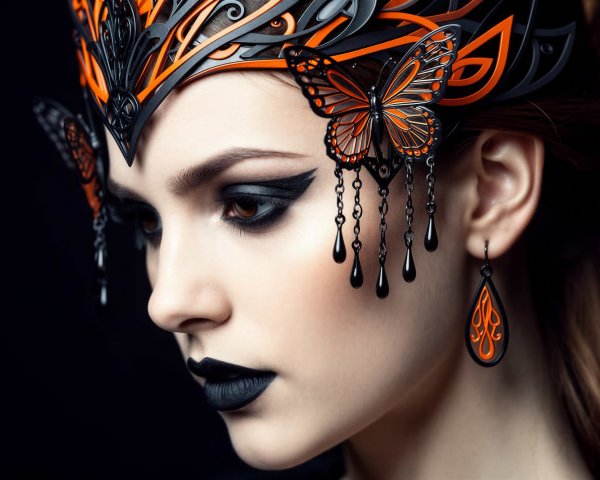 Close-up of a woman with black lipstick and headpiece
