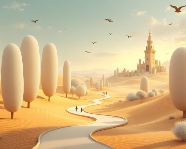 Serene Desert Landscape with Castle and Gentle Dunes