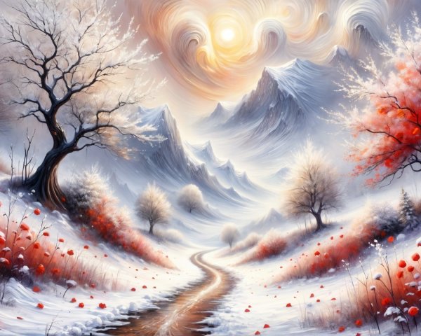 Winter Landscape with Snow-Covered Mountains and Trees