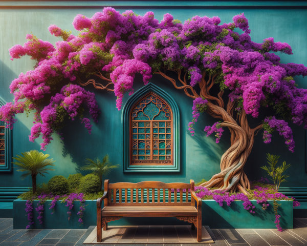 Bougainvillea Tree with Purple Flowers by Turquoise Wall